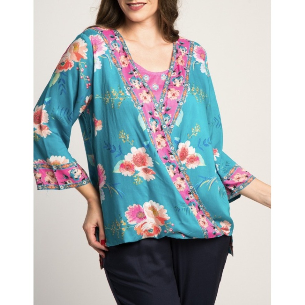 Tolani Collection Floral Wrap Layered Blouse 1X Teal Boho Ultra Soft Feminine